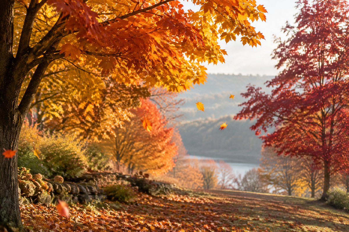 Orange, gold, yellow, and red autumn leaves on trees in soft morning light