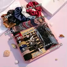 1085-Piece Dark Hair Accessories Set — Scrunchies, Hair Ties & Headbands