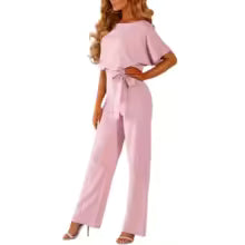 Women Jumpsuits Elegant Solid Color Flare Short Sleeve Waist Tie Wide Leg Pants Romper Summer Streetwear