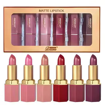 6 Colors Gold Bar Tube Lipstick Matte Texture Pearlescent Glitter Velvet Lipstick Valentine's Day Gift 6PCS