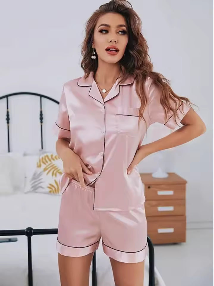 Silk Satin Pajama Set for Women | Short Sleeve Button-Down Top & Shorts