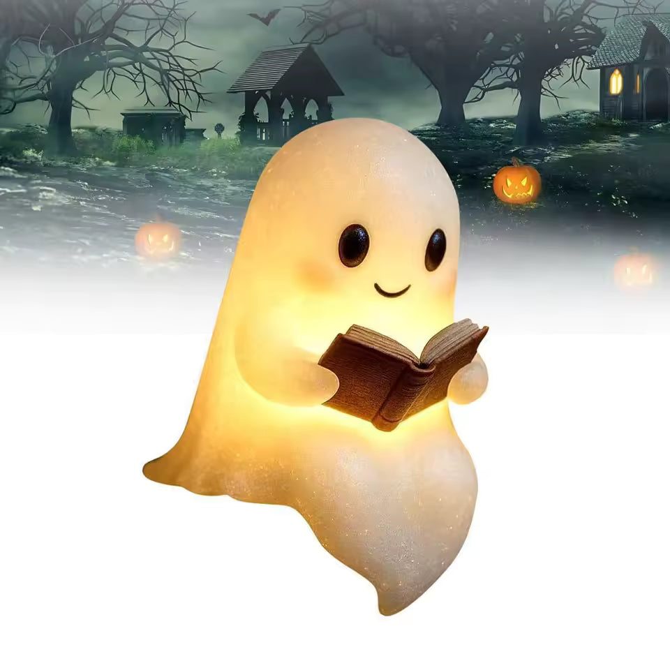 Cute Ghost Reading Lantern – 3D Resin Halloween Night Light