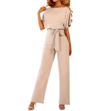 Women Jumpsuits Elegant Solid Color Flare Short Sleeve Waist Tie Wide Leg Pants Romper Summer Streetwear