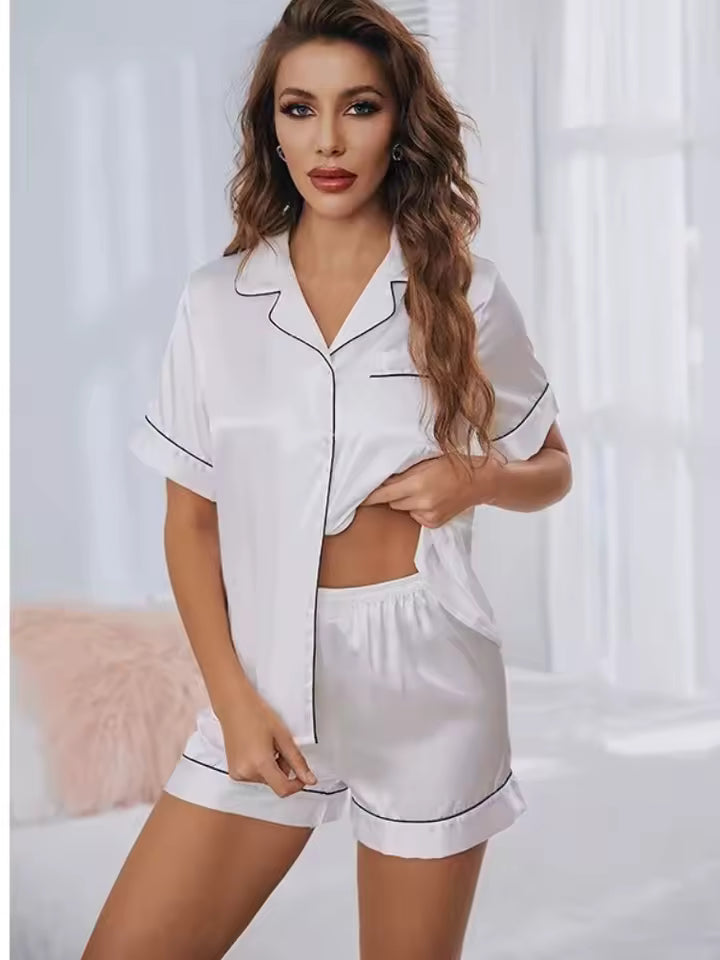Silk Satin Pajama Set for Women | Short Sleeve Button-Down Top & Shorts