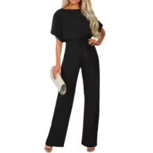 Women Jumpsuits Elegant Solid Color Flare Short Sleeve Waist Tie Wide Leg Pants Romper Summer Streetwear