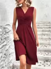 Women's V-Neck Wrap Waist Midi Dress