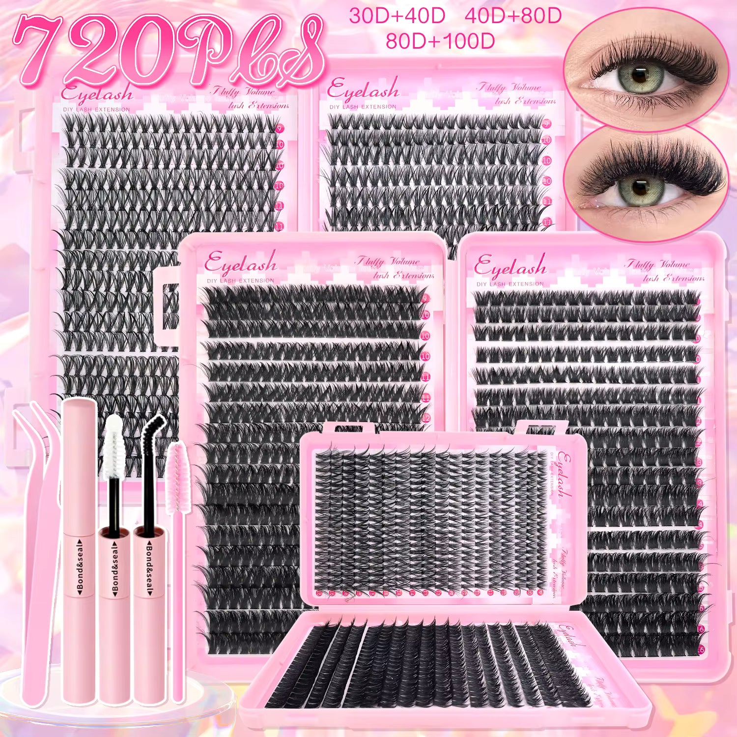 DIY Lash Extension Kit – Clusters Individual Eyelashes 9-16mm with Bond & Seal