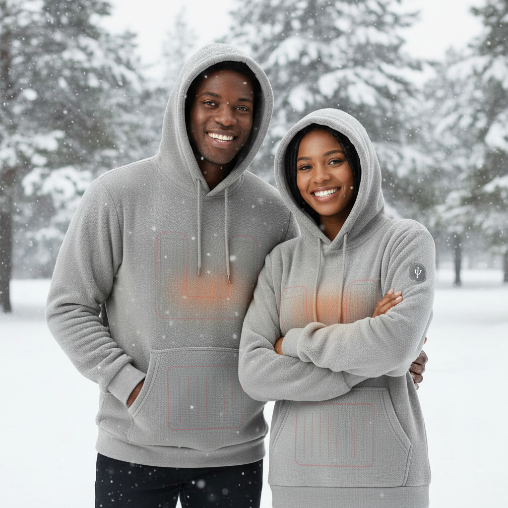 Black couple wearing light gray USB heating hoodies outdoors