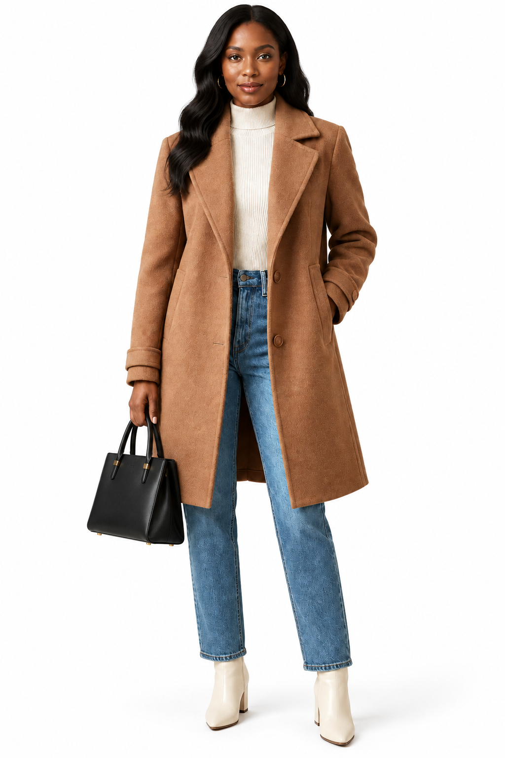 Model in coat with white background and purse